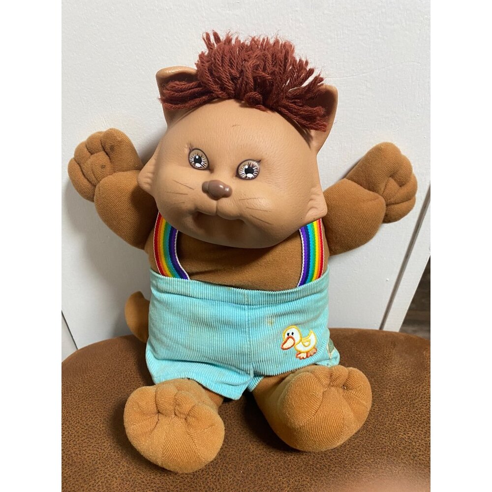VINTAGE CABBAGE PATCH KIDS KOOSAS KITTY CAT BROWN RAINBOW SUSPENDERS 1985